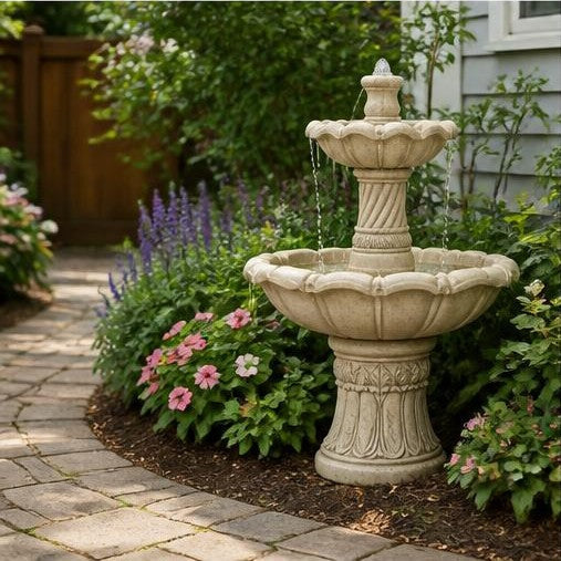 Alora 48-Inch Two-Tier StoneCast Garden Fountain – Weathered Ivory Beige