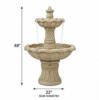 Alora 48-Inch Two-Tier StoneCast Garden Fountain – Weathered Ivory Beige
