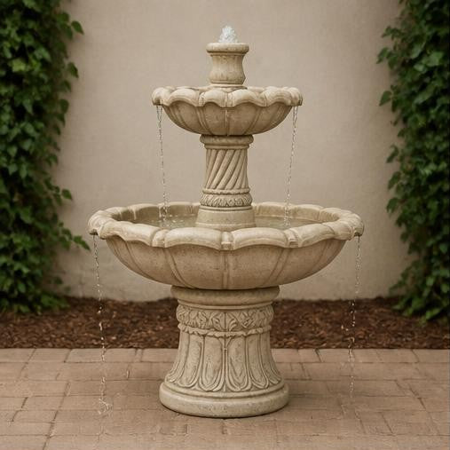 Alora 48-Inch Two-Tier StoneCast Garden Fountain – Weathered Ivory Beige