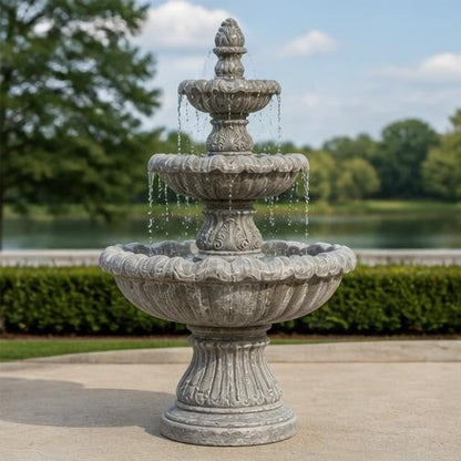 Monaco 42-Inch Three-Tier StoneCast Garden Fountain – Classic Light Gray