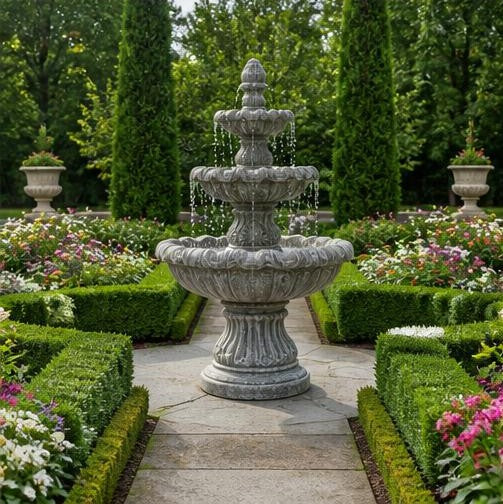 Monaco 42-Inch Three-Tier StoneCast Garden Fountain – Classic Light Gray