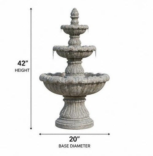 Monaco 42-Inch Three-Tier StoneCast Garden Fountain – Classic Light Gray