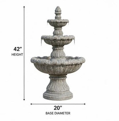 Monaco 42-Inch Three-Tier StoneCast Garden Fountain – Classic Light Gray