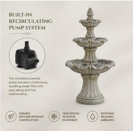 Vasa 52-Inch Three-Tier StoneCast Garden Fountain – Aged Limestone Gray