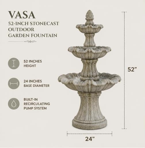 Vasa 52-Inch Three-Tier StoneCast Garden Fountain – Aged Limestone Gray