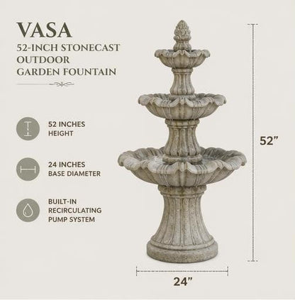 Vasa 52-Inch Three-Tier StoneCast Garden Fountain – Aged Limestone Gray