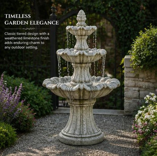 Vasa 52-Inch Three-Tier StoneCast Garden Fountain – Aged Limestone Gray