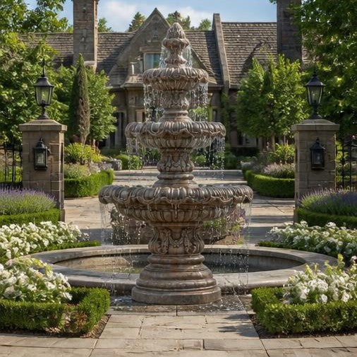 Verona 58-Inch Three-Tier Cast Stone Garden Fountain – Aged Terracotta Finish
