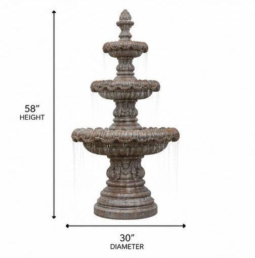 Verona 58-Inch Three-Tier Cast Stone Garden Fountain – Aged Terracotta Finish