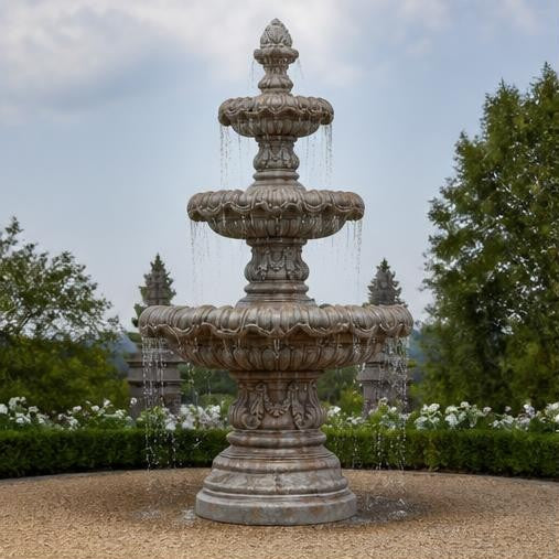 Verona 58-Inch Three-Tier Cast Stone Garden Fountain – Aged Terracotta Finish